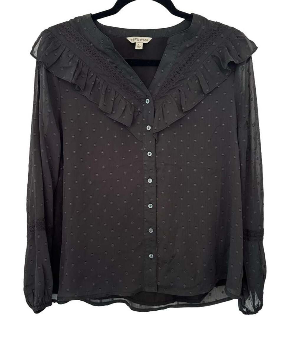 FRYE AND CO. Black Swiss Dot Ruffle Lace Long Sleeve Button Front Blouse Size L